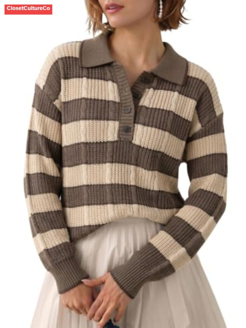 Cable Knit Button Polo Sweater Long Sleeve Pullover